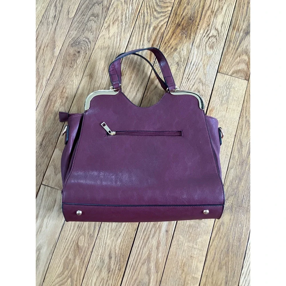 Elegant‎ Burgundy Top Handle Satchel Bag with Shoulder Strap Gold Hardware